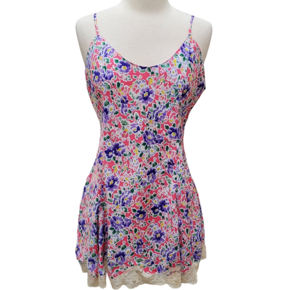 Victoria's Secret Gold Label Pink Floral Lace Trim Mini Slip Dress Nightie Sz M